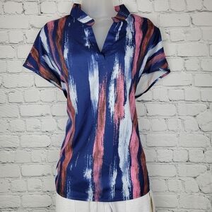 2/$10 Size XL Navy and Pink Striped Blouse